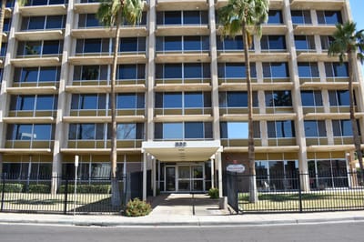 Front view of Fellowship Towers nursing home building