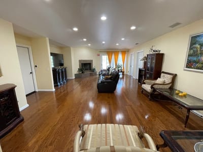 Bright common area with seating and decor