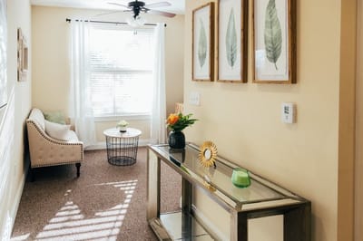 Cozy interior lounge area with natural light and decor
