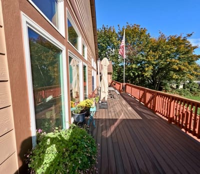 Outdoor deck area with chairs and plants