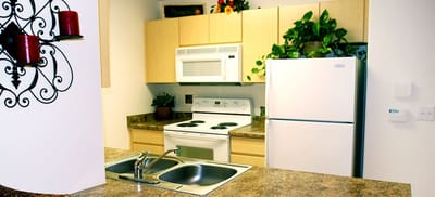 Bright kitchen area with appliances and decorative elements
