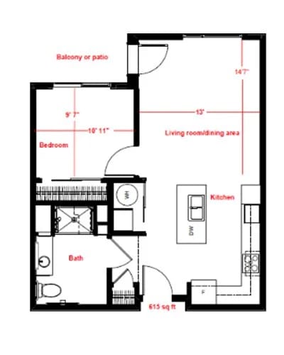 Architectural floor plan of a one-bedroom apartment