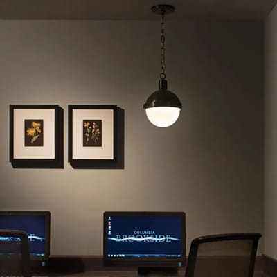 Interior setting with decorative wall art and lighting