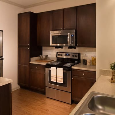 Kitchen interior with modern appliances and cabinets