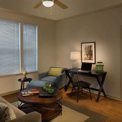 Cozy interior living space with desk and chair
