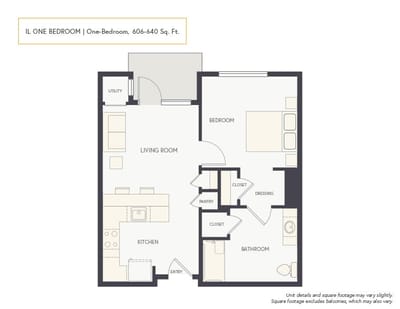 Architectural floor plan of a one-bedroom unit