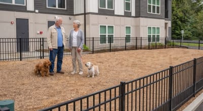 Residents with dogs in an outdoor space near the facility