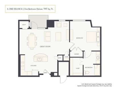 Architectural floor plan of a one-bedroom unit
