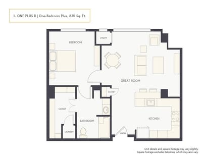Architectural floor plan of a one-bedroom unit