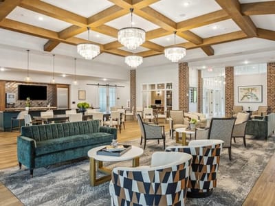 Bright and inviting interior common area with seating