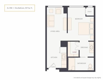 Architectural floor plan of a one-bedroom unit