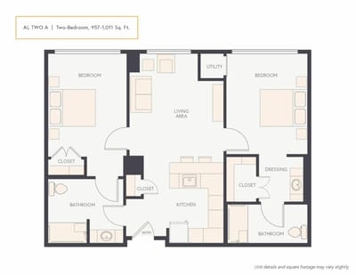 Architectural floor plan of a two-bedroom unit