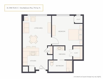 Architectural floor plan of a one-bedroom unit