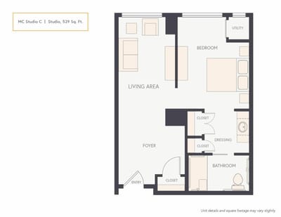Architectural floor plan of a studio apartment