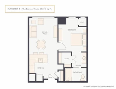 Architectural floor plan of a one-bedroom deluxe unit