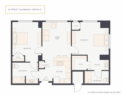 Architectural floor plan of a two-bedroom unit
