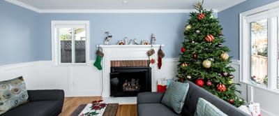 Cozy living room with a Christmas tree and fireplace