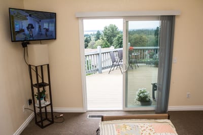 Interior view of a resident room with a balcony