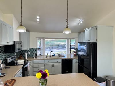 Bright kitchen space with modern appliances and flowers
