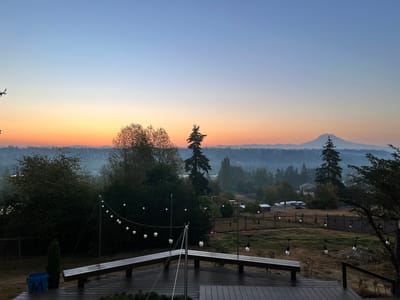 Outdoor view of trees and mountains at sunset