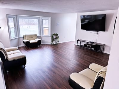 Bright, spacious lounge area with modern furniture