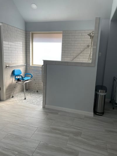 Bright bathroom area with safety features