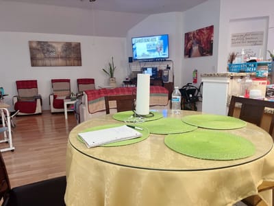 Bright common area with seating and decor