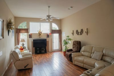 Interior view of a common area with seating.