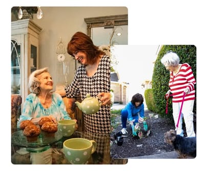 Residents enjoying tea and muffins, one gardening outside