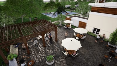 Residents socializing in an outdoor patio area