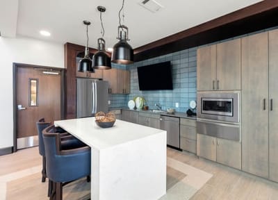 Modern kitchen layout in a senior living facility