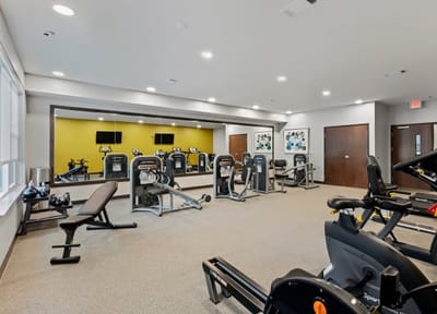 Interior fitness room with exercise equipment