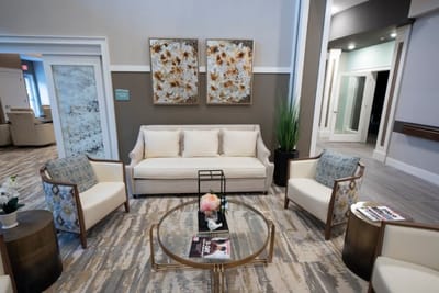 Bright common area with seating and decor