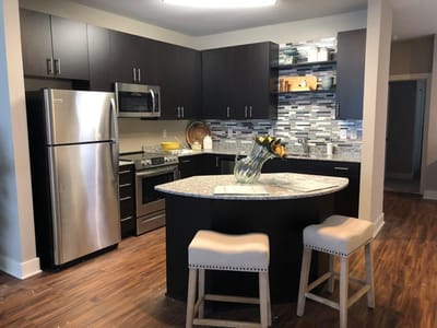 Modern kitchen interior with stainless steel appliances