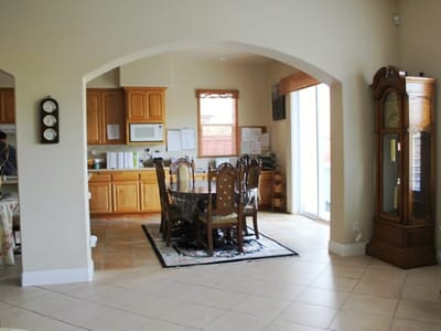 Bright dining area with wooden furniture