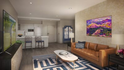 A cozy interior space with a lounge and kitchen area