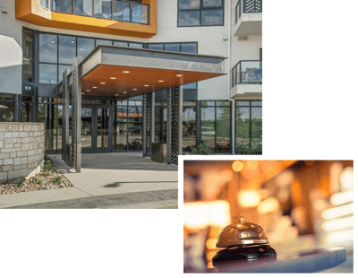 Exterior view of a modern assisted living facility entrance