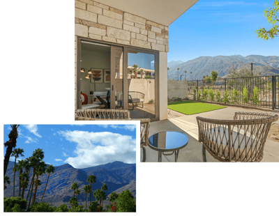 Outdoor view of a patio area with mountain backdrop