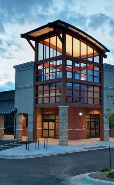 Exterior view of a senior living facility entrance