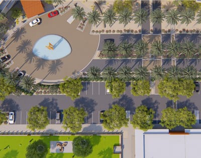 Aerial view of the facility entrance and parking area