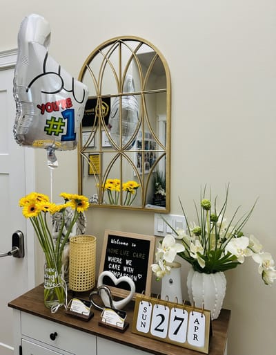 A warm welcome setup with flowers and decorations