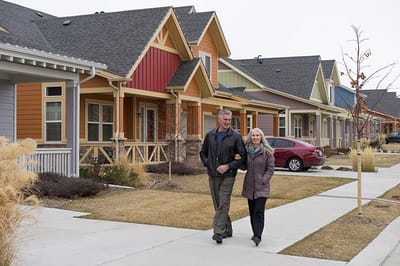 Couple walking in front of colorful cottages