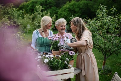 Three women gardening in a lush outdoor space