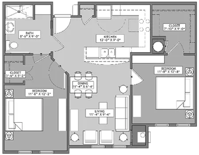 Architectural floor plan of a two-bedroom unit
