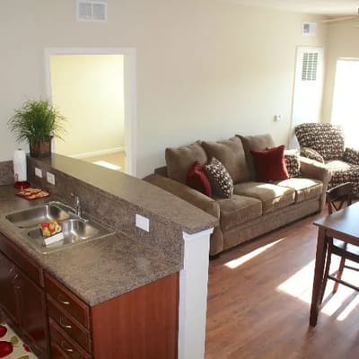 Cozy interior view of a living area with a sofa and chair