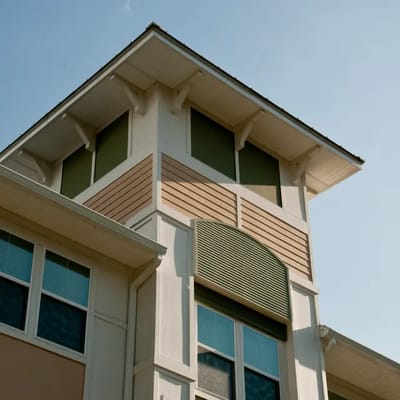 Close-up of architectural details on facility building