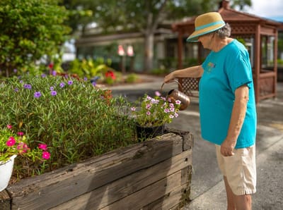 A resident watering flowers in the garden