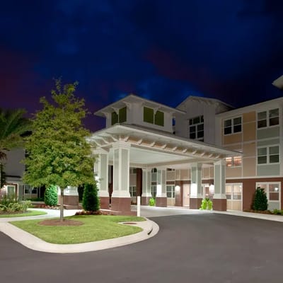 Entrance of a senior living facility at night