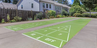 Outdoor shuffleboard court with garden area