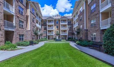 Landscaped courtyard with surrounding apartment buildings